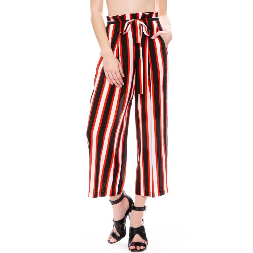 L'AGENCE Samira Wide Leg Stripe Paperbag Pant Silk Flowy Red Black Size 2 $485